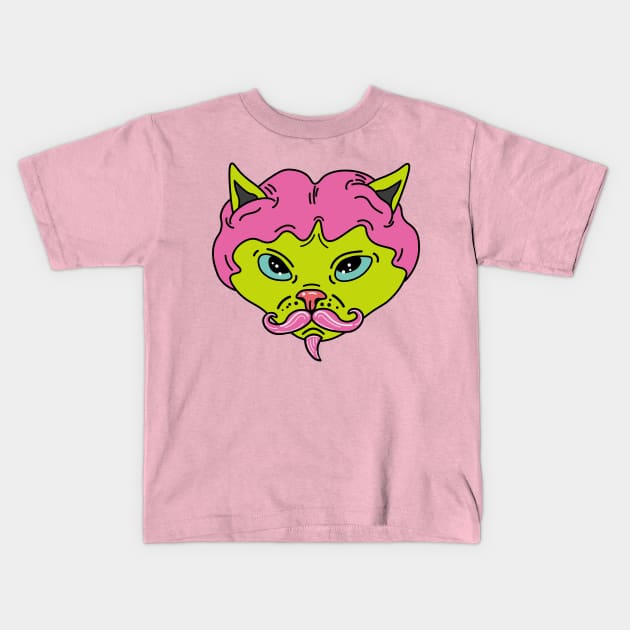 Cat with wig, hairless cat with wig, cat with a mustache Kids T-Shirt by Sourdigitals